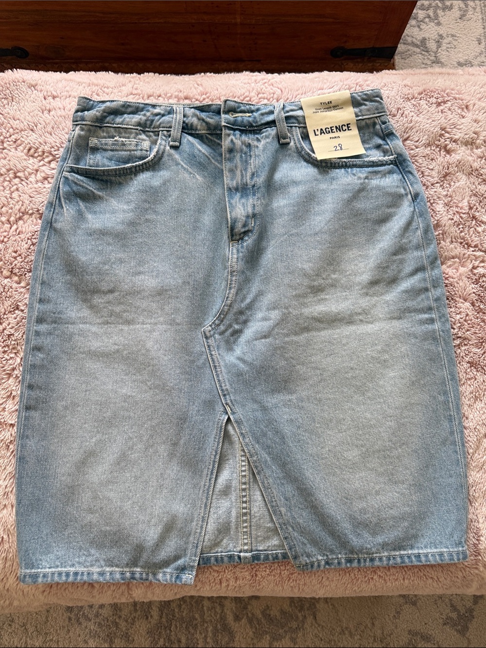 L'AGENCE Light Blue Denim Pencil Skirt with Front Slit